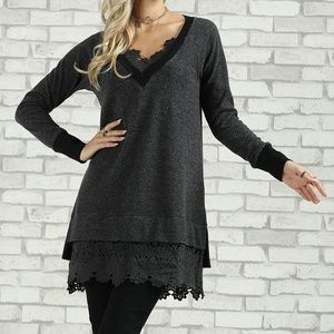 Charcoal Lace-Hem V-Neck Tunic